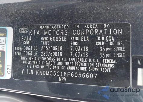 2015 Kia Sedona Ex z USA, uszkodzony, nr VIN KNDMC5C18F6056607